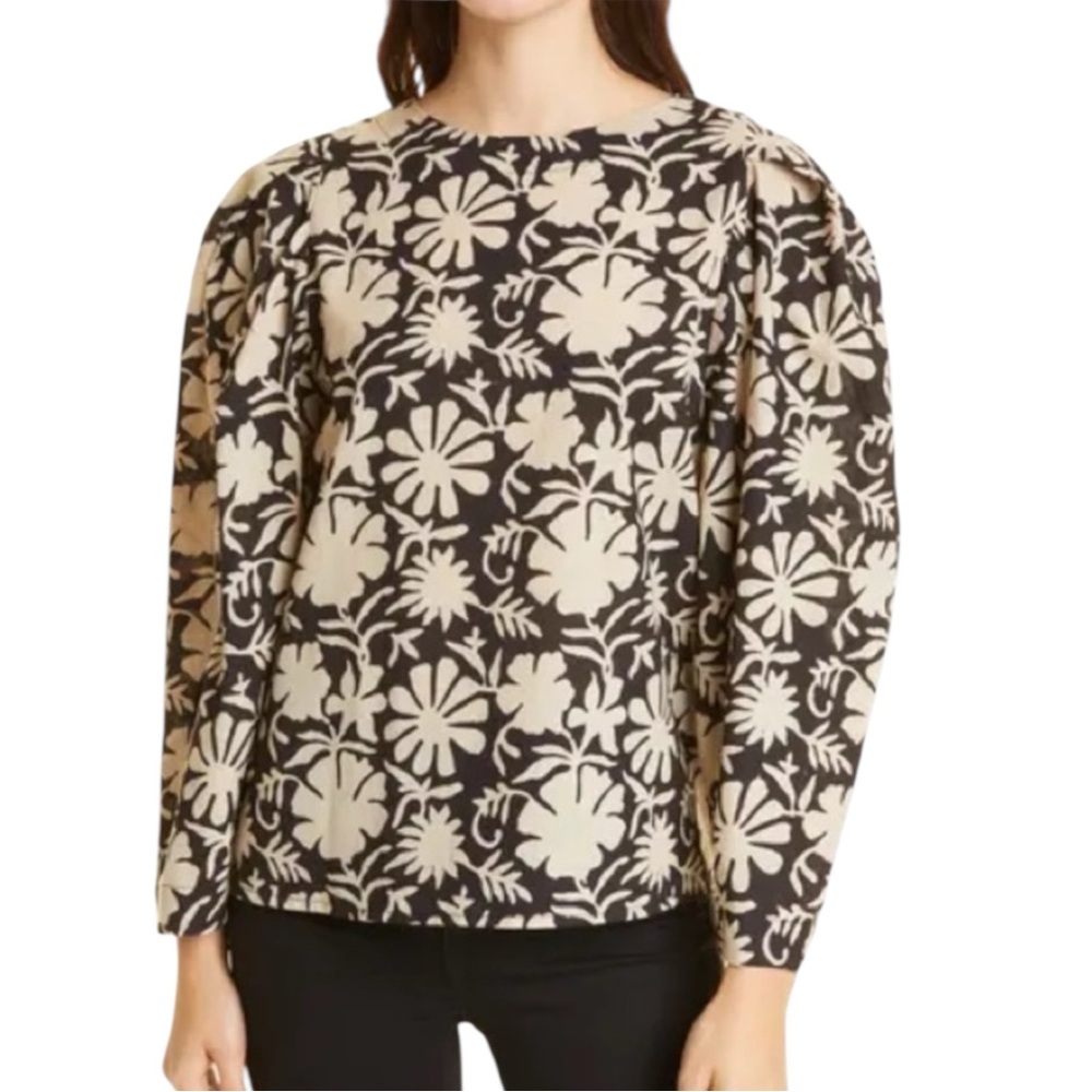 Mille Resort & Travel Lila Long Sleeve Top Size XS Black and Cream Block Print